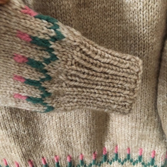 Hand Knit Tan Fair Isle Wool Crewneck Sweater Small - Picture 5 of 7